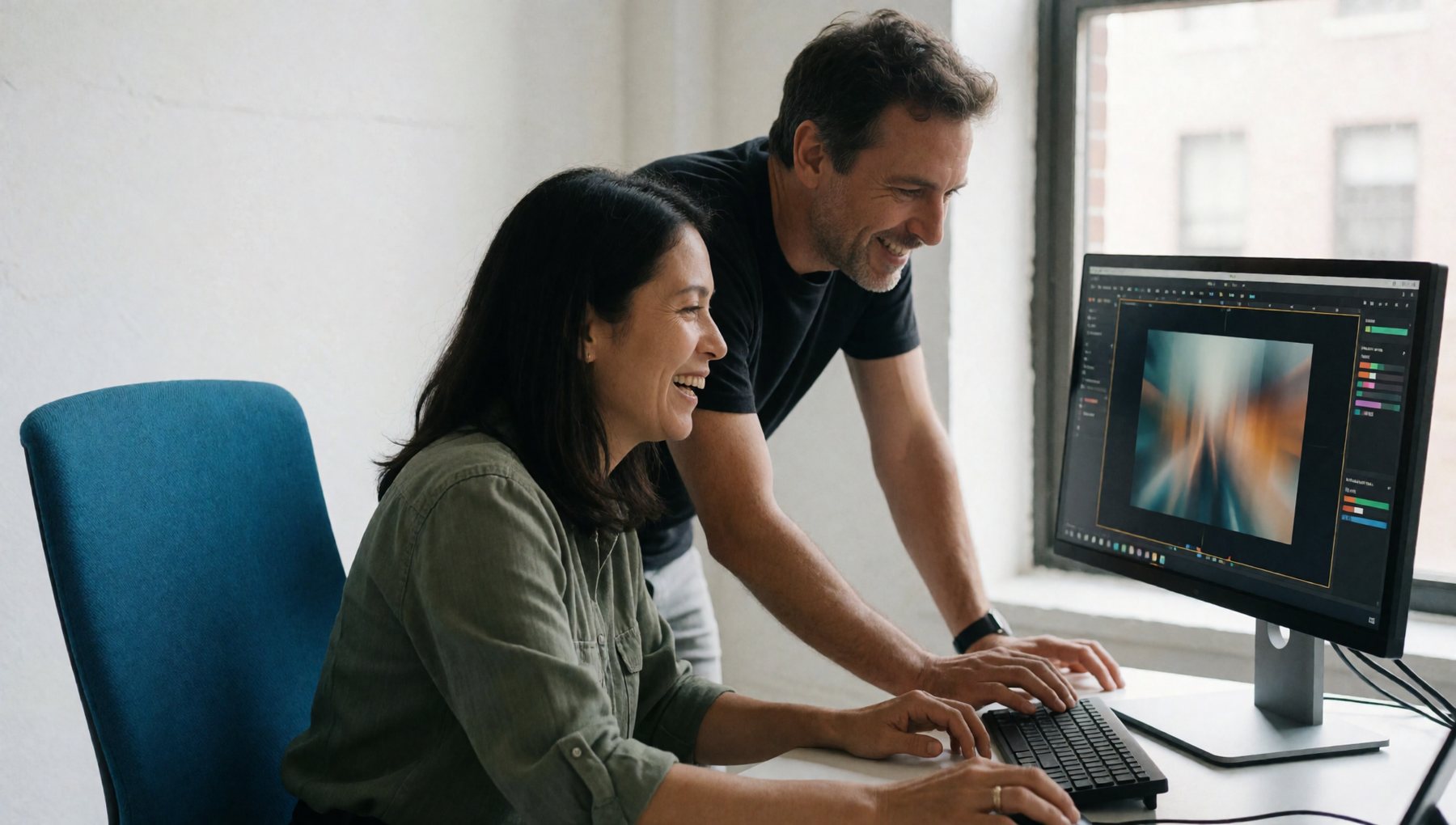 Creative director and editor leaning over a grading monitor, laughing