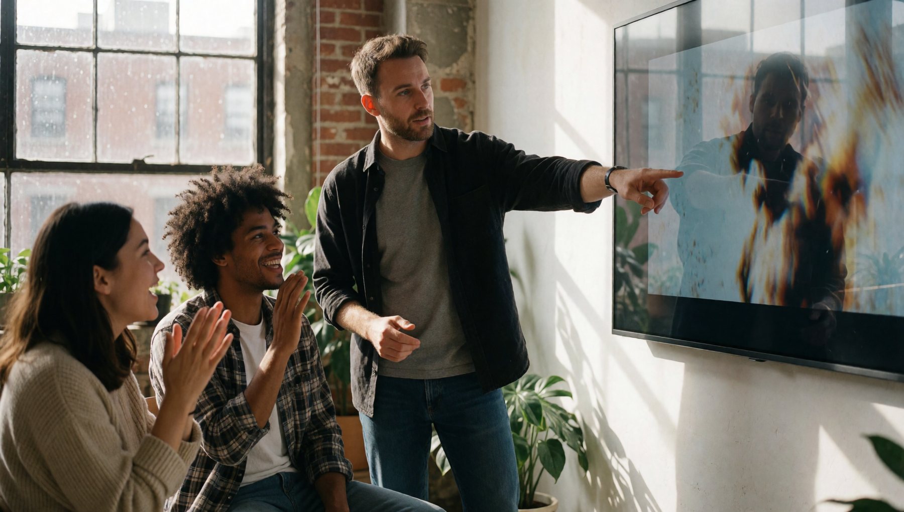 Agency team reviewing a cut on a large screen in a loft