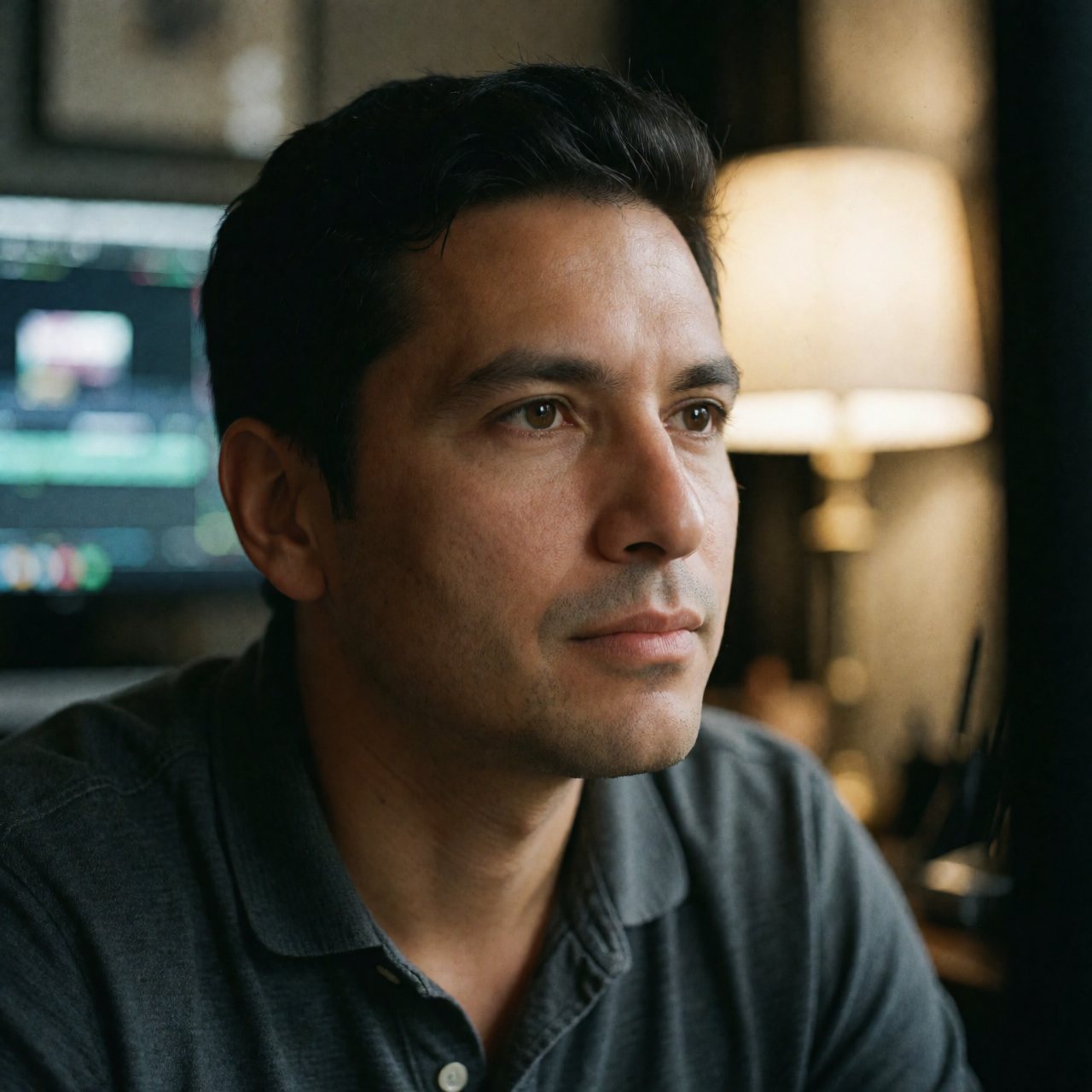 Colorist, eyes lit by a monitor