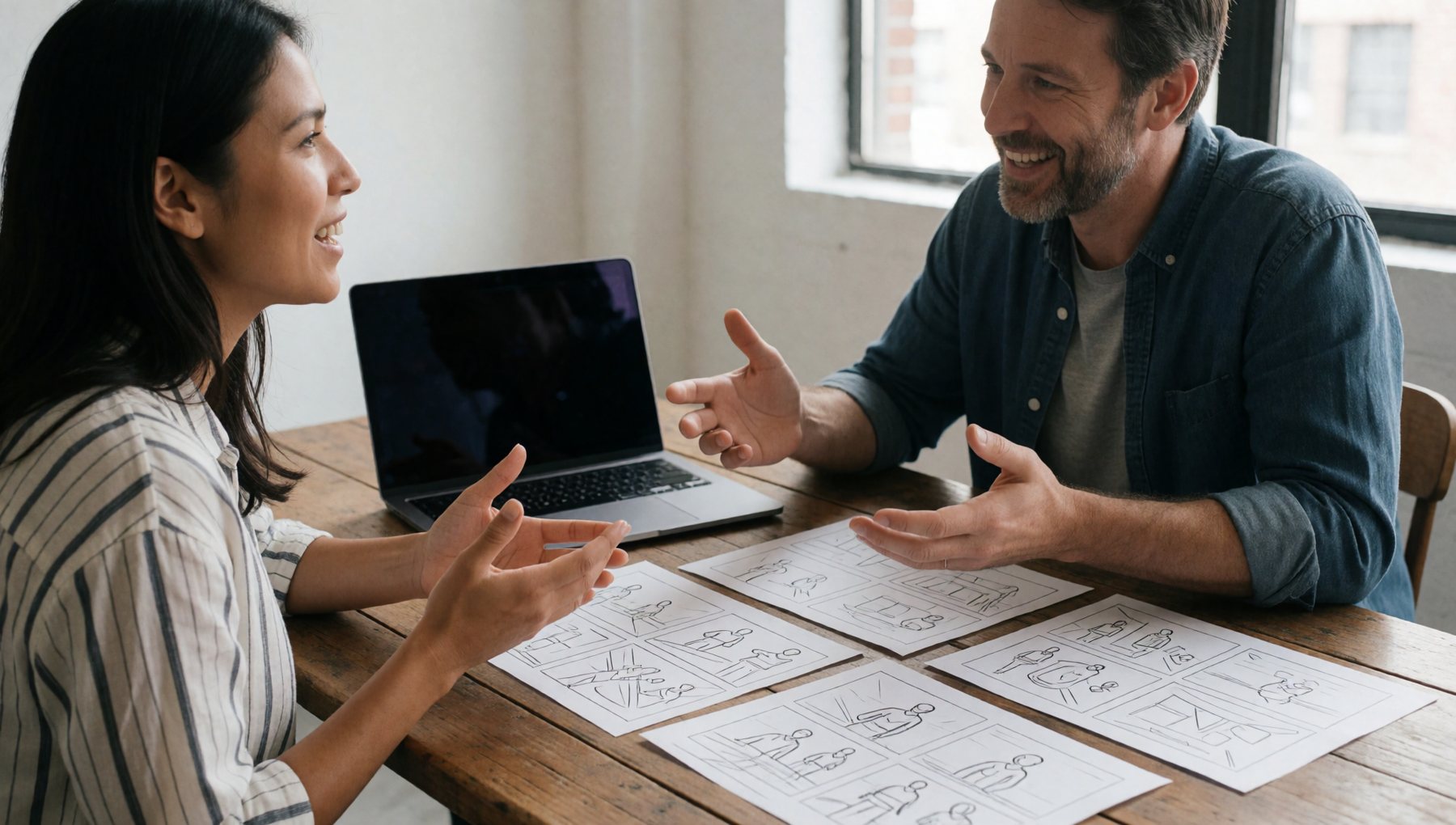 Two people in conversation over printed storyboards